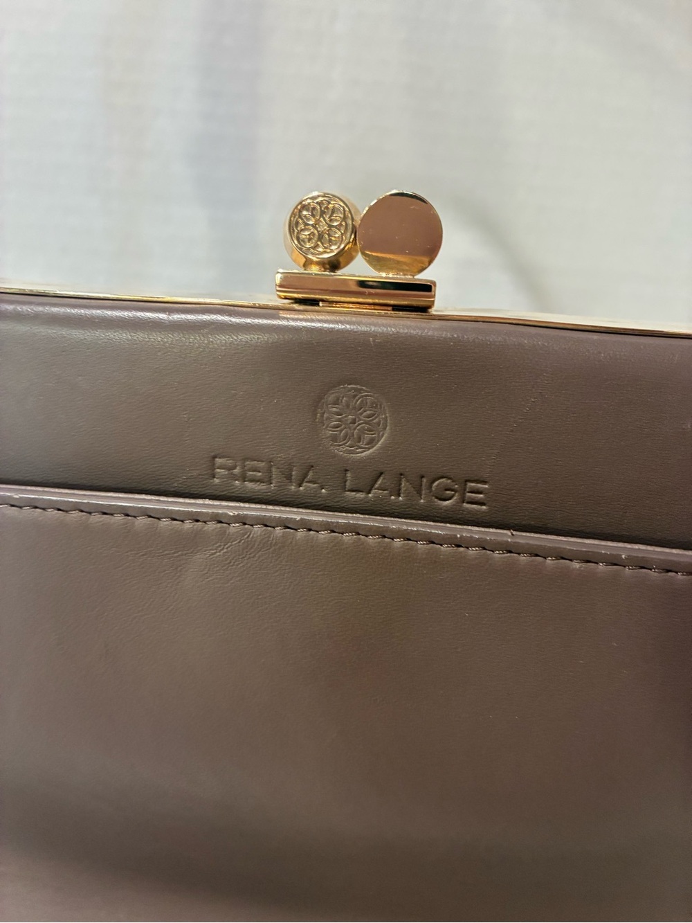 Rena Lange Taupe Leather Frame Clutch with Gold Clasp